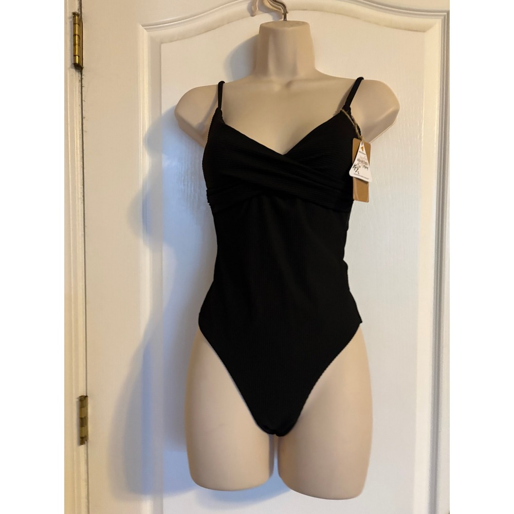 Berlook Black Ribbed Crossover‎ One Piece Swimsuit Recycled Nylon XS NWT Basic